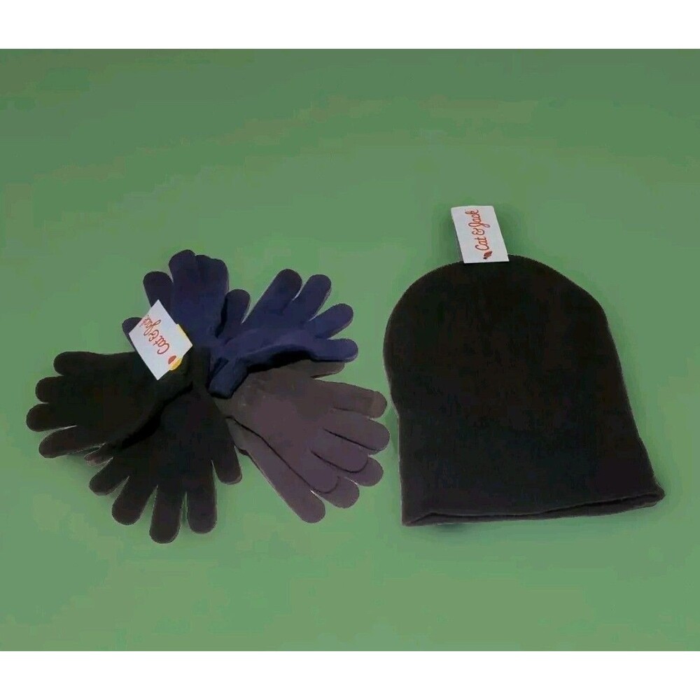 Cat & Jack Hat & Glove Tech Touch 3 Pk Gloves W/ Winter Cap New Black Navy Gray